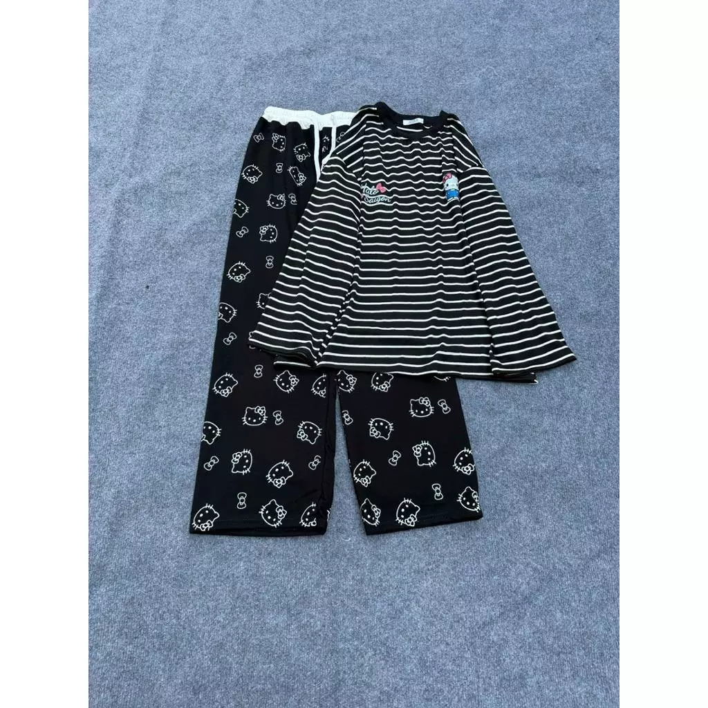 Sét Áo Thun Kẻ Sọc Vằn In Kitty 2 Logo Mix Quần Dài Cạp Trắng In Mèo Hello Basic Xinh Xắn Dễ Thương