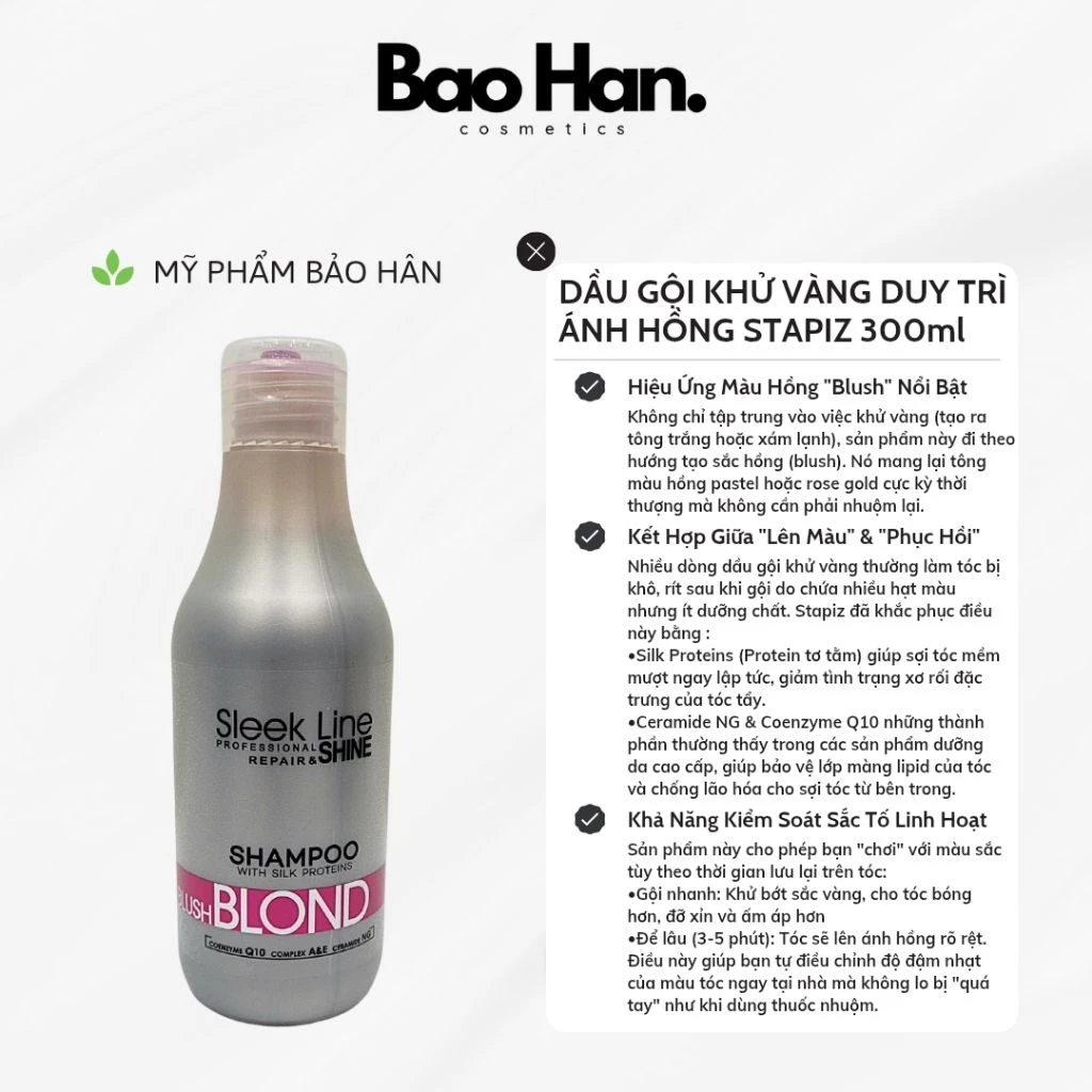 DẦU GỘI HỒNG STAPIZ SLEEK LINE BLUSH BLOND 300ml-PHỤC HỒI TÓC HƯ TỔN, KHỬ VÀNG, DUY TRÌ ÁNH HỒNG CHO TÓC TẨY, TÓC NHUỘM