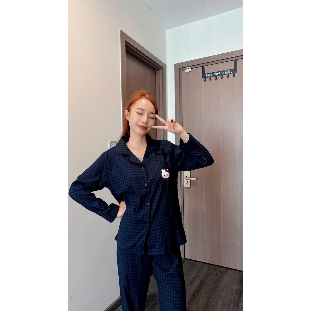 Đồ Bộ Pijama Nữ Cotton Mây Cao Cấp - Set Đồ Mặc Nhà Dài Tay Vải Bông Vân Mây Mềm Mịn, Thoáng Khí (Màu Tím Than)