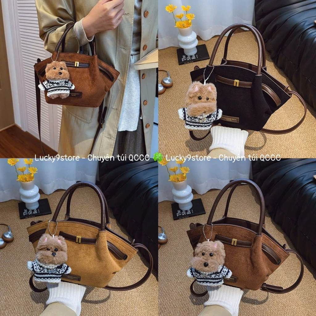 [QC loại 1] Túi xách tay Retro dáng làn hàng nội địa Trung size 17 chất da lộn tặng kèm gấu siêu đẹp hot trend 7527#