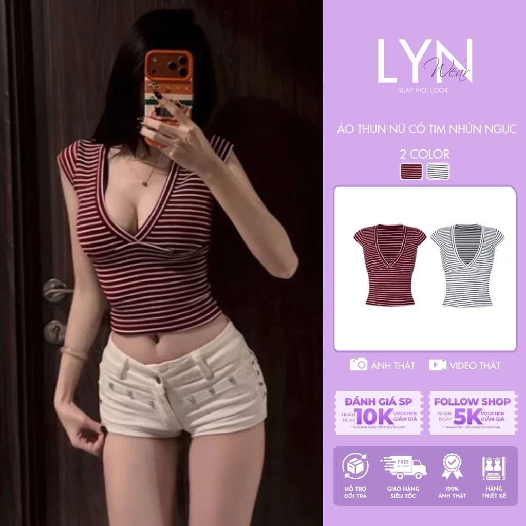| LYN WEAR | Áo Thun Nữ Cổ Tim Nhún Ngực Kẻ Sọc – Dáng Ôm Body, Co Giãn, Tôn Dáng, Mặc Đi Chơi