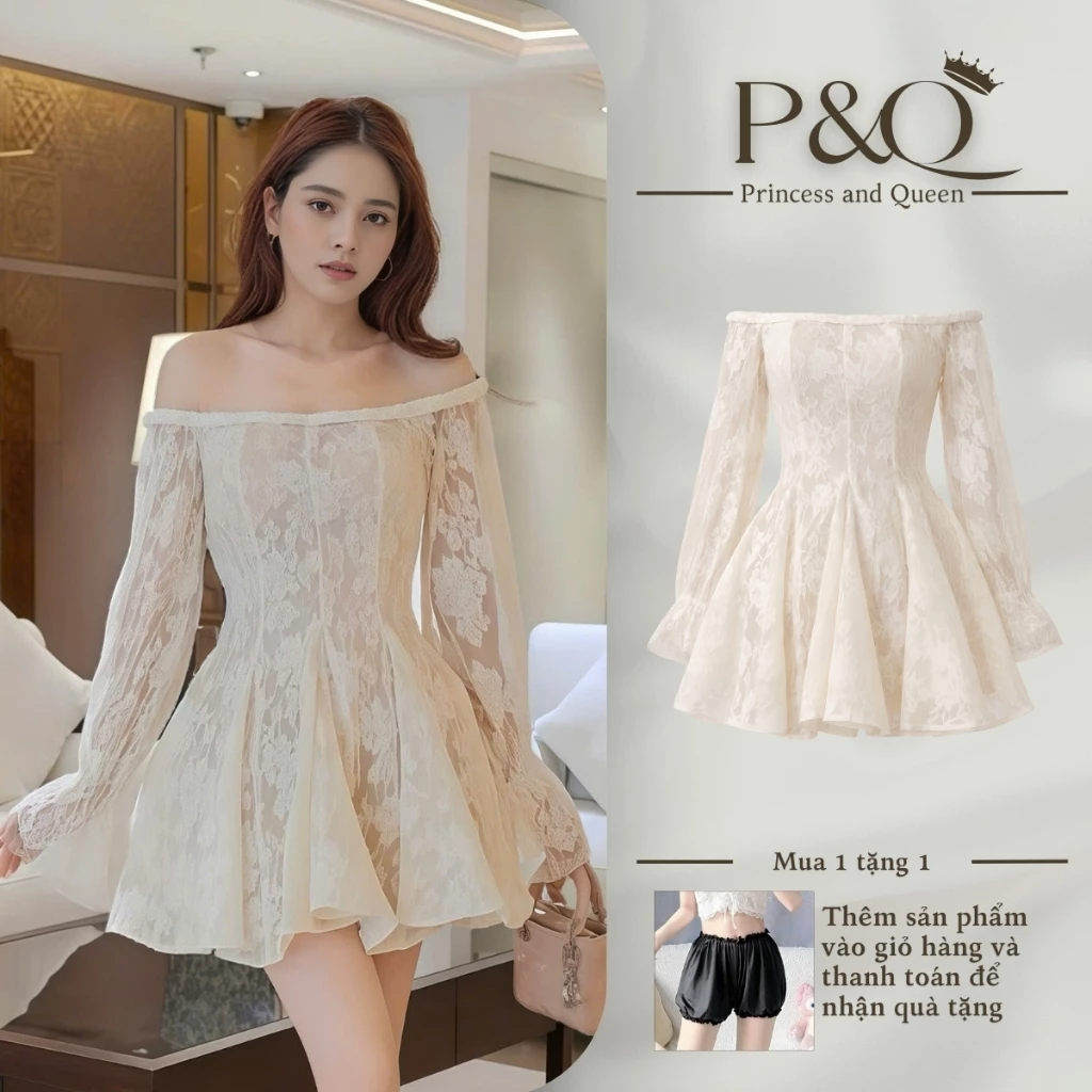 Đầm xòe mini P&Q trên đầu gối vải ren cao cấp tay dài đi chơi dự tiệc đi biển dạo phố | vd0096