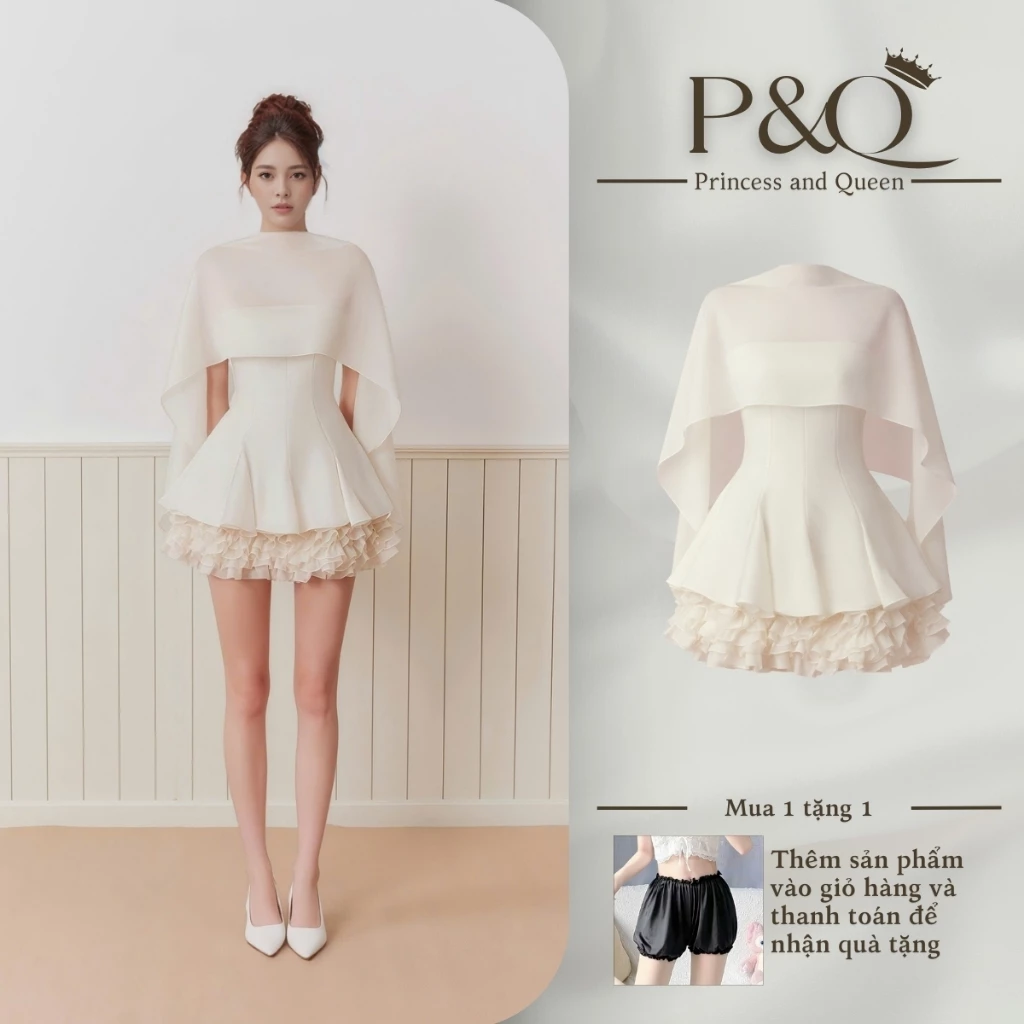 Đầm xòe mini P&Q trên đầu gối xếp tầng kèm áo choàng ngoài sang trọng dịu dàng | vd0097