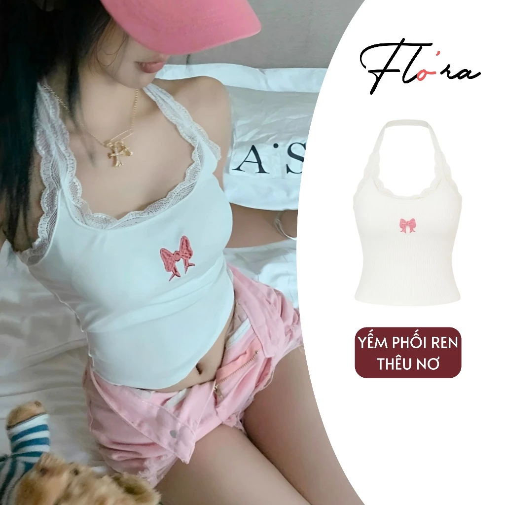 Áo YẾM PHỐI REN THÊU NƠ HỒNG Nữ Chất Thun Gân CR57, Áo Thun Kiểu Sexy Gợi Cảm Dáng Croptop Ôm Body Đẹp Flo'ra