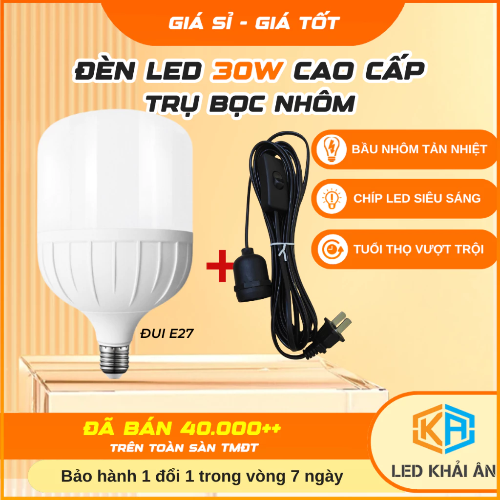 Bóng Đèn Led Bọc Nhôm 30W  kèm dây 5m Công suất đủ 30w, tản nhiệt tốt. Bảo hành 24 tháng đổi mới