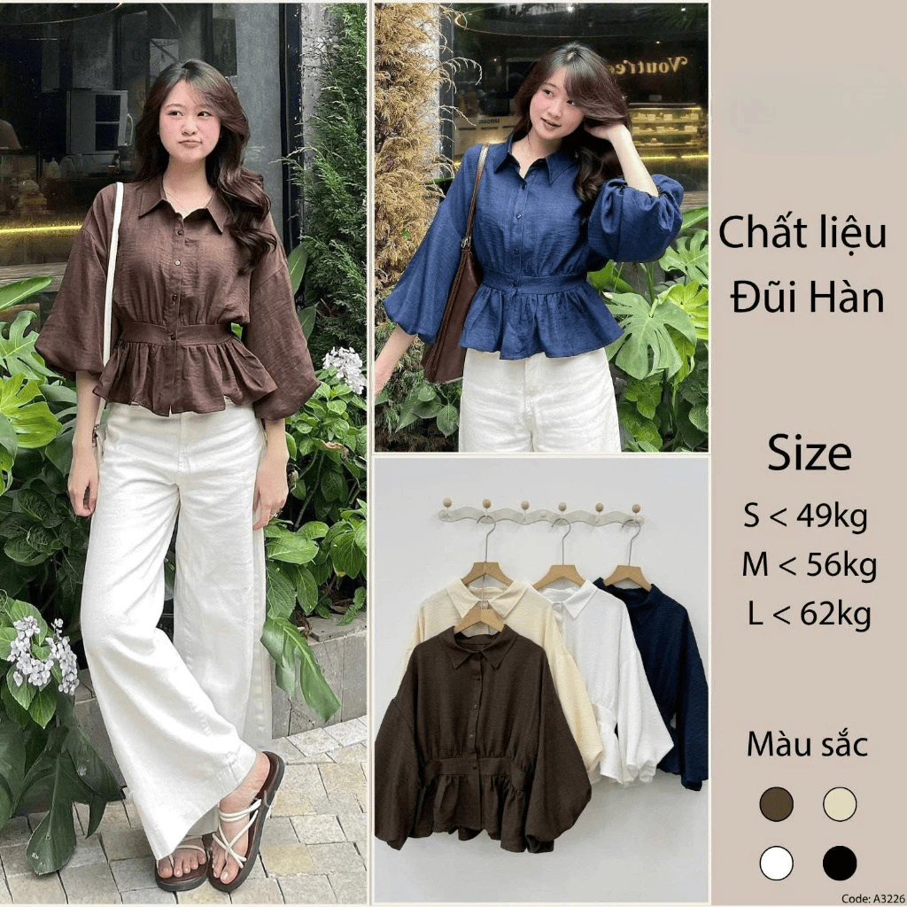 Áo Sơ Mi Bo Eo Lưng Dài Tay Chun Bồng Cúc Dọc Đũi Hàn Thời Trang Nữ Mã MA4226