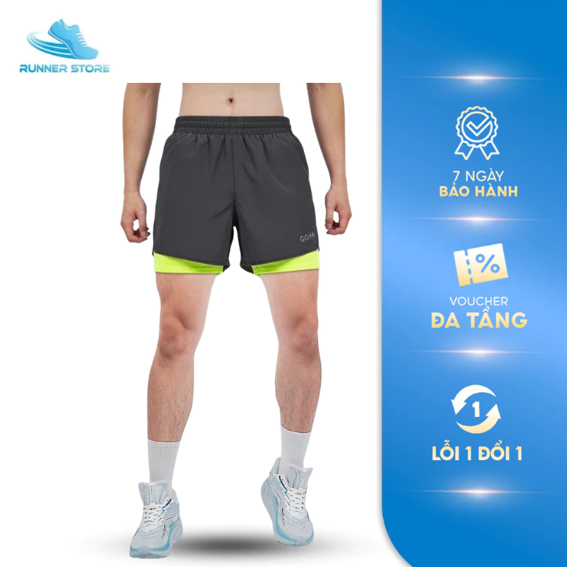 Quần đùi thể thao - quần chạy bộ nam 2 lớp GOYA FLOW có túi đựng điện thoại, co giãn vận động, thoáng khí thoải mái