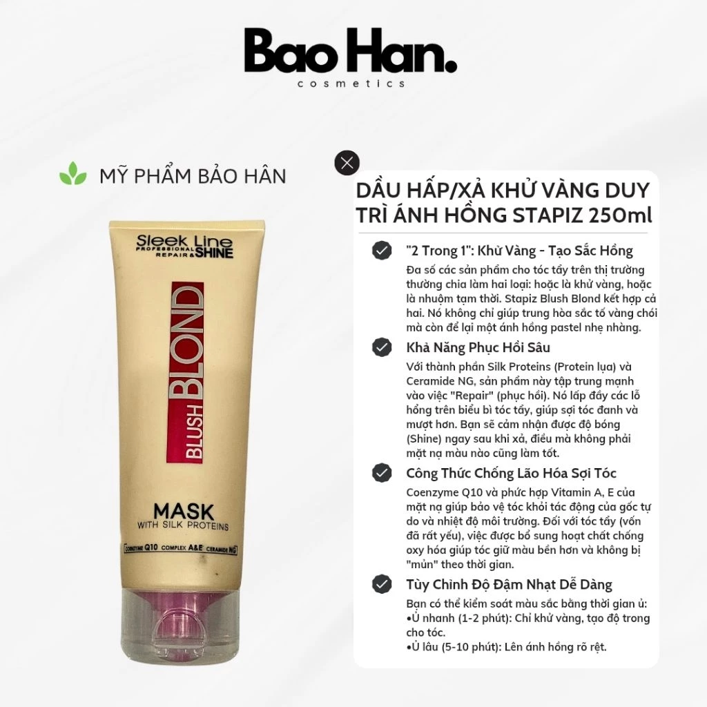 DẦU HẤP/XẢ HỒNG STAPIZ SLEEK LINE BLUSH BLOND 250ml - DƯỠNG TÓC MỀM MƯỢT, GIỮ MÀU TÓC TẨY, KHỬ VÀNG, TẠO SẮC HỒNG PASTEL