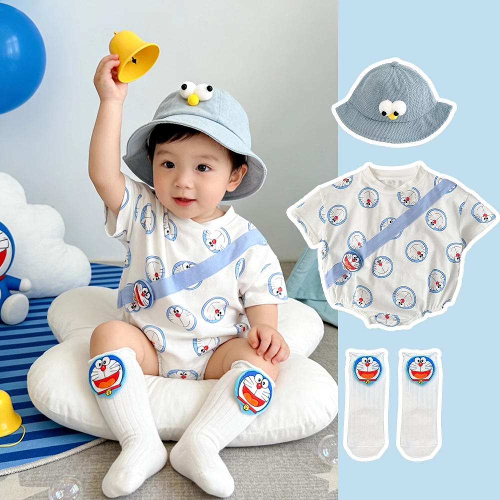 Quần áo sơ sinh cho bé trai 3Pcs áo liền quần cho bé trai áo khoác mông Doraemon ngắn tay thời trang mùa hè 0-24 tháng