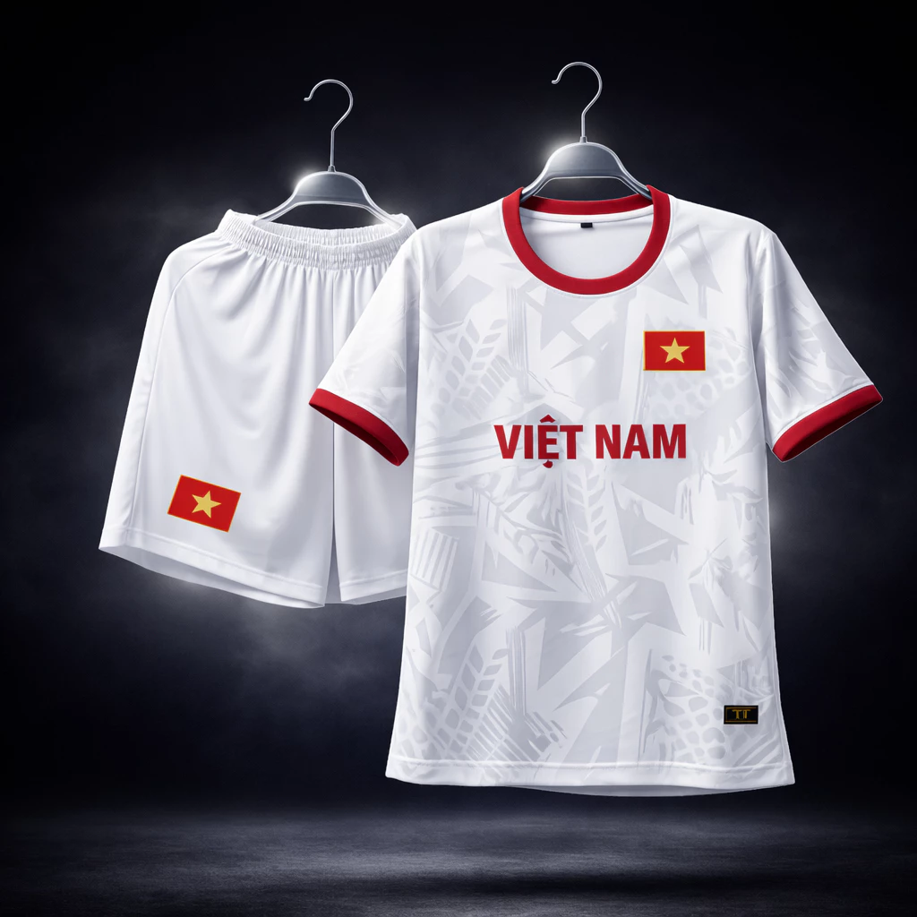 [VN-TTK] In tên số áo theo yêu cầu - Bộ áo bóng đá, quần áo đá banh VIỆT NAM trắng họa tiết - Hàng thun mè mát