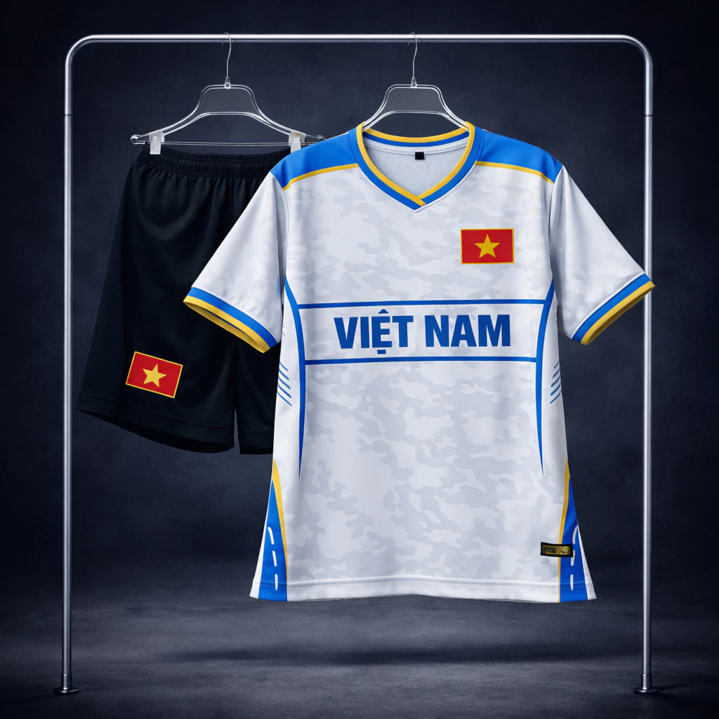 [VN-TX] In tên số áo theo yêu cầu - Bộ áo bóng đá, quần áo đá banh VN trắng phối viền xanh siêu hot - Hàng thun mè mát
