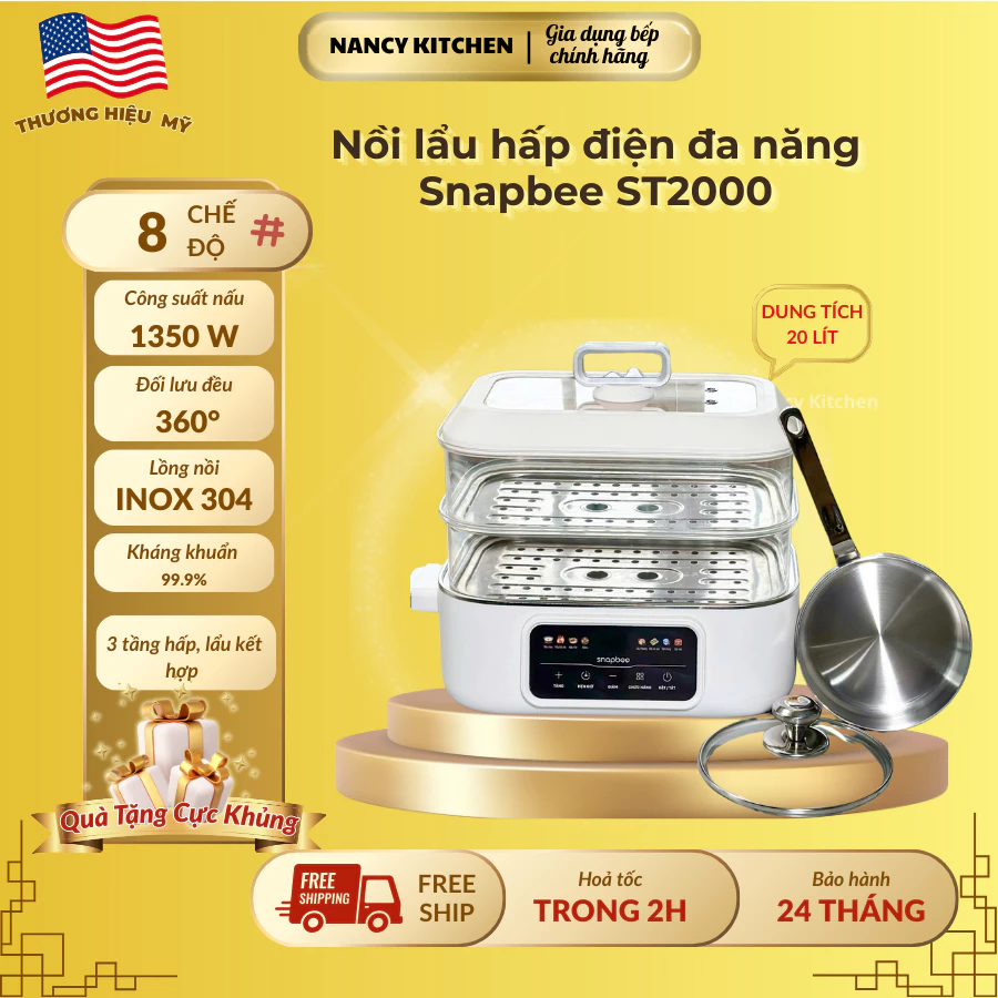 [Chính hãng] Nồi lẩu hấp điện đa năng Snapbee ST2000 pro-2 tầng-thể tích 20L,lồng inox 304,cs 1350w