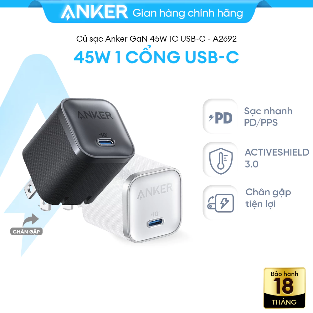 [LIVE] Củ sạc nhanh Anker Nano 45W | 1 cổng USB-C | Chân gập nhỏ gọn | Sạc nhanh an toàn - A2692