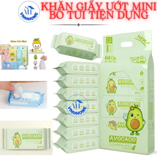 Set 8 gói Khăn giấy ướt mini (64 tờ) bỏ túi tiện dụng mọi lúc, sản phẩm không chứa cồn an toàn với trẻ nhỏ