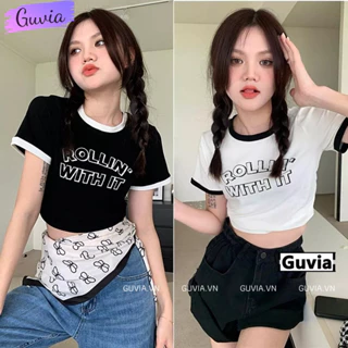 Áo Croptop Ôm Body Nữ ROLLIN PHỐI VIỀN Cổ Tròn Tay Ngắn, Áo Thun Croptop Kiểu In Họa Tiết GUVIA CR107