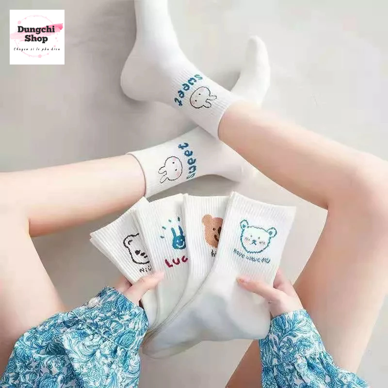Set 10 đôi tất trắng in hình gấu thỏ cute