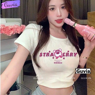 Áo Croptop Ôm Body Nữ GẤU STRAWBERRY Cổ Tròn Tay Ngắn, Áo Thun Croptop Kiểu In Họa Tiết GUVIA CR108