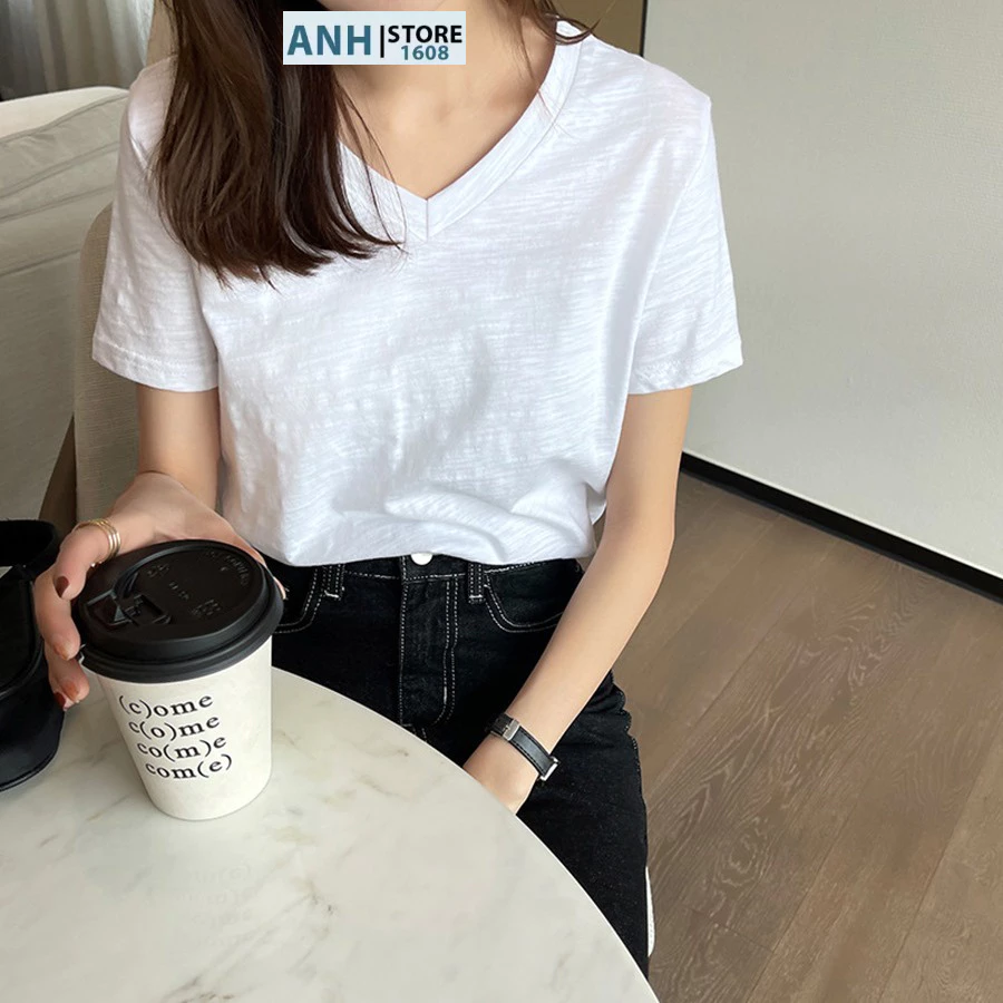 Áo thun chất xược cổ tim cổ V nữ, tay ngắn ANHSTORE, thun giấy cổ tim nữ phong cách Hàn Quốc