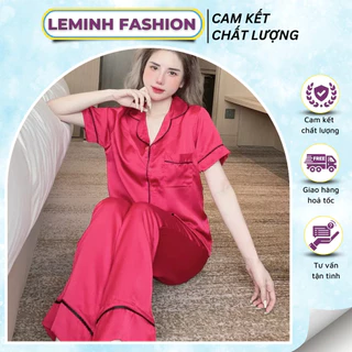 Bộ Pijama, Bộ Đồ Ngủ Nữ Lụa Satin Tay Cộc Quần Dài Có Đáp Full Viền Thiết Kế Tinh Tế, Đơn Giản, Nhẹ Nhàng