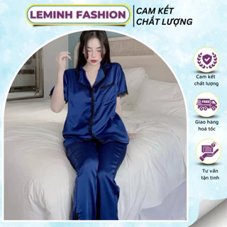 Bộ Pijama, Bộ Đồ Ngủ Nữ Lụa Satin Tay Cộc Quần Dài Phối Ren Quần Xẻ Thời Trang Freesize Đến 62kg