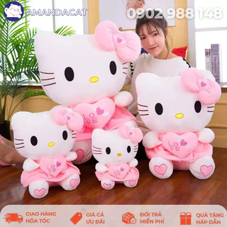 [Hàng sẵn] Gấu Bông Mèo Hello Kitti Ôm Tim Hồng Chất Liệu Vải Nhung Mềm Mịn, Gấu Bông Hello Kitti