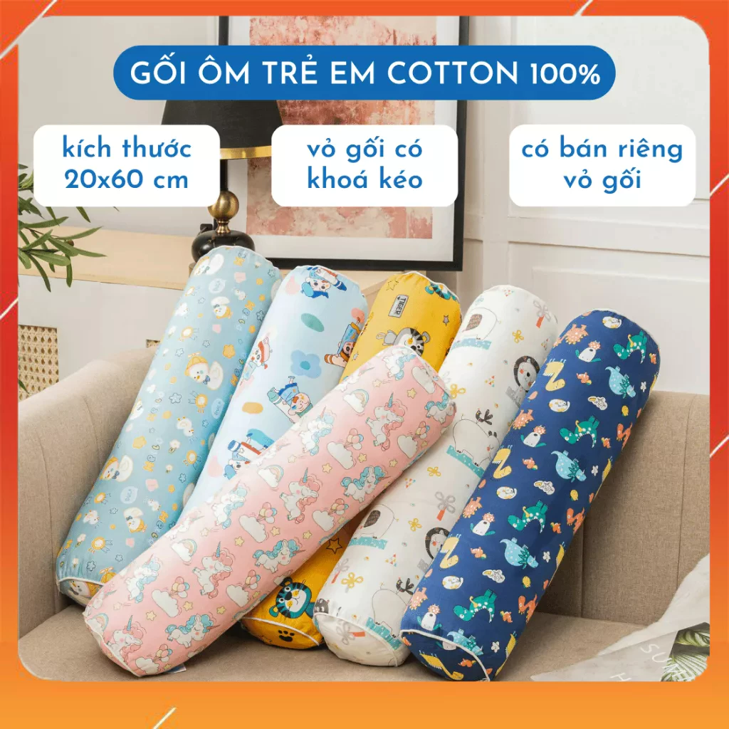 Gối ôm trẻ em vải cotton 100% thoáng mát thấm hút mồ hôi tốt, vỏ gối ôm cho bé khóa kéo size 20x60 cm Dream bedding