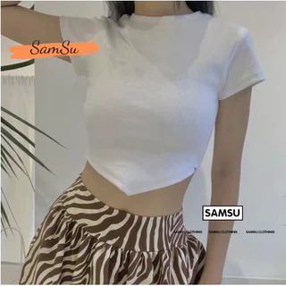 Áo Thun Nữ Dạng Croptop Tay Ngắn Cổ Tròn Vạt Chéo Chất Thun Co Dãn SAMSU