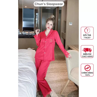 Bộ Vs Lụa Xước Ren Trơn Xinh Tay Dài Quần Dài Chất Lụa Xước Ánh Kim freesize 40-60kg - Chun's Sleepwear