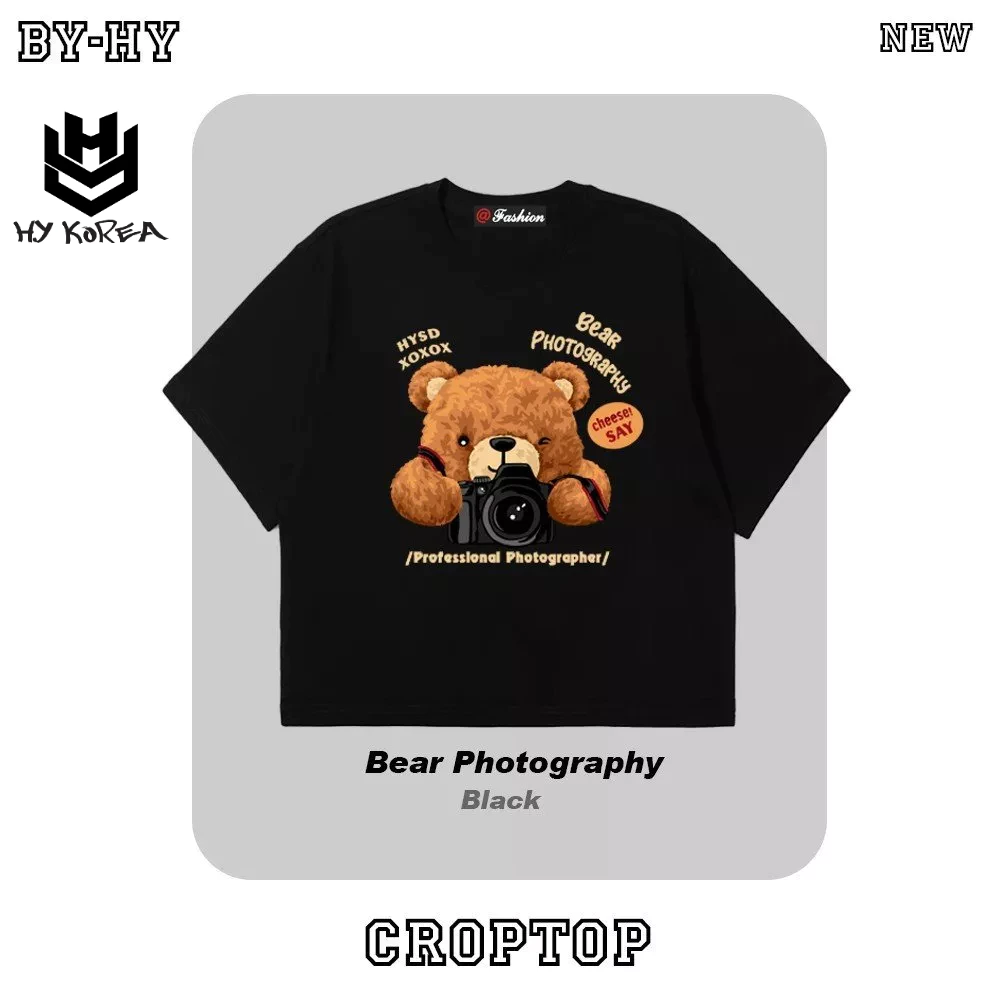 Áo croptop nữ HY KOREA in Bear Photography 1267 freesize ôm body tay ngắn