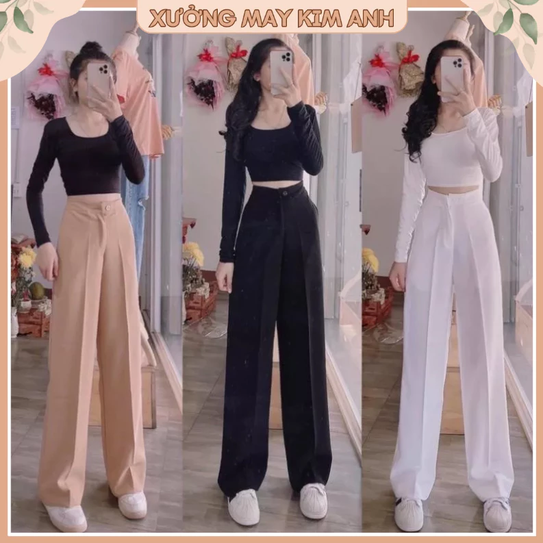 Quần Ống Rộng Suông Lưng Cao Khóa Trước 1 Khuy Chất Tuyết Mưa Khuy Giữa Quần Culottes Ống Xuông Cạp Cao Cho Nữ