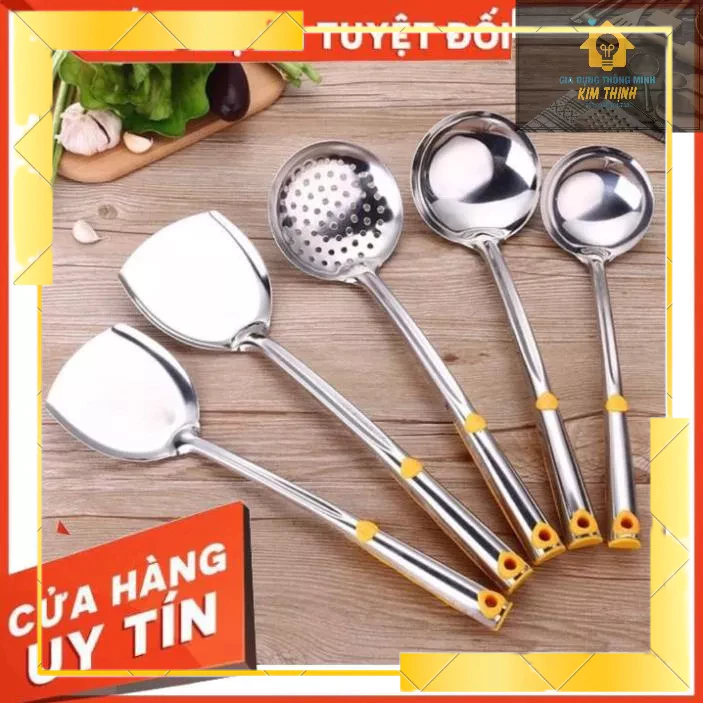 Bộ Muôi Inox Cao Cấp Cán Vàng ( Muôi Thủng - Muôi Canh - Xẻng Xào)