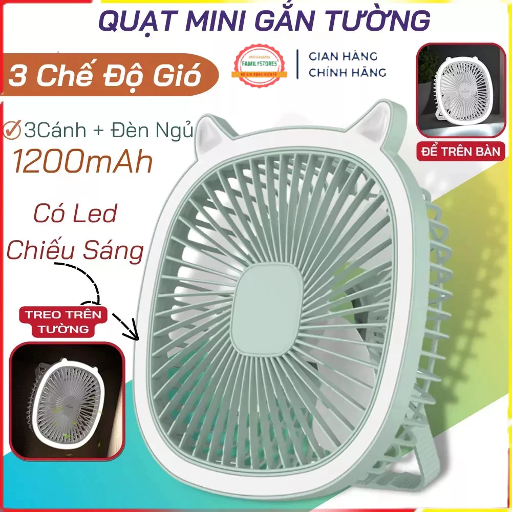 Quạt Tích Điện Treo Tường Desktop Fan Quạt Tích Điện Mini Để Bàn Có Đèn Chiếu Sáng, Sạc Cổng USB, Nhựa Cao Cấp