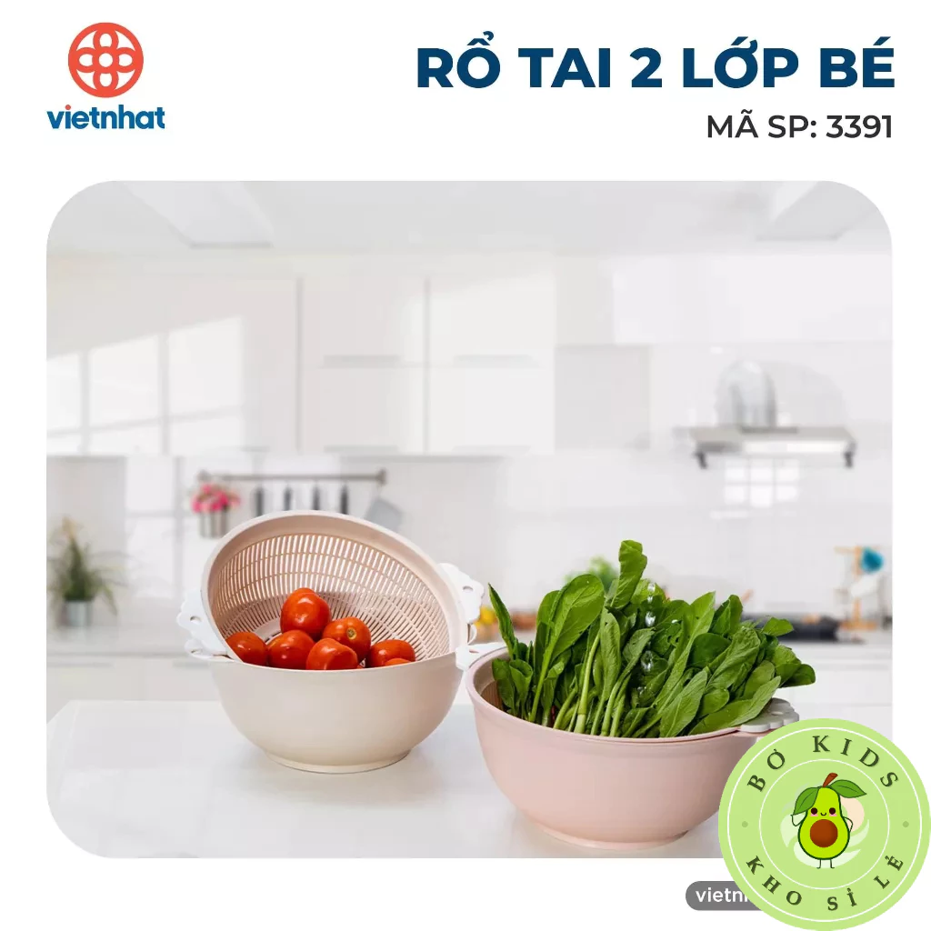 Rổ tai 2 lớp Việt Nhật 2 size (3391) (3392), rổ kèm chậu rửa rau củ, hoa quả đa năng Bokisd store