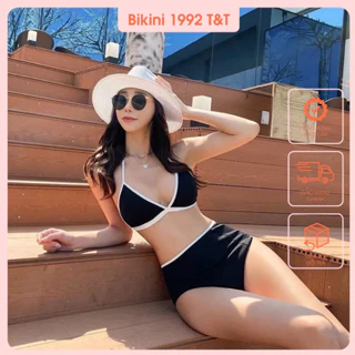 bikini hai mảnh áo tam giác kèm quần lưng cao đen trơn