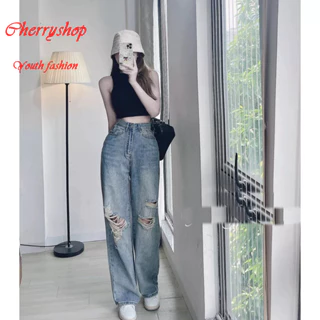 QUẦN JEANS ỐNG RỘNG NỮ LƯNG CAO RÁCH 2 MẢNG ĐÙI PHẢI PHỐI MẢNG TO GỐI TRÁI XANH NHẠT ĐẬM SIÊU ĐẸP Form To Dáng Unisex