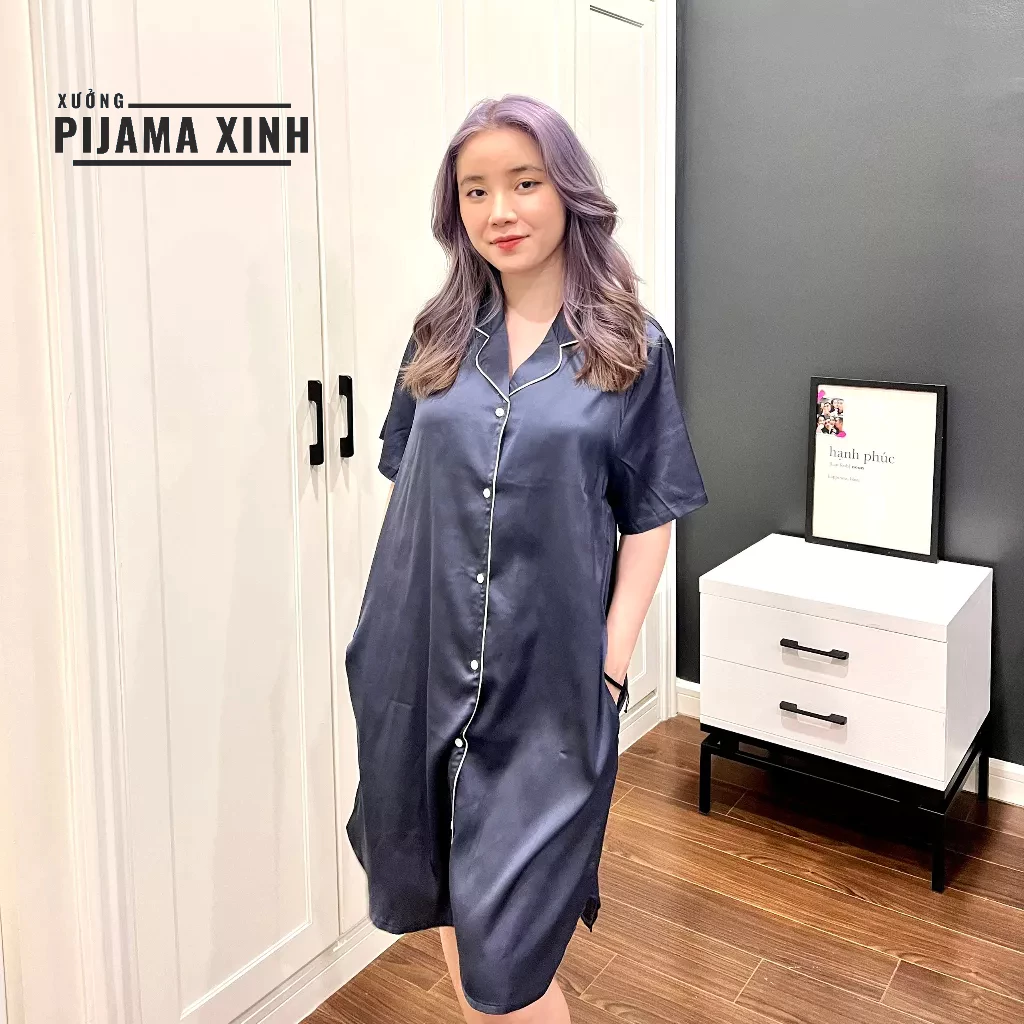 Váy ngủ dáng sơmi màu xanh than cực xinh lụa Latin mềm mịn pijama giá rẻ