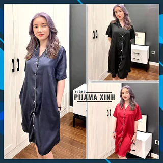 VÁY NGỦ LỤA DÁNG SƠ MI  trơn nhiều màu, ĐẦM PIJAMA NỮ, ĐẦM BẦU hàng thiết kế chất Latin mềm mịn