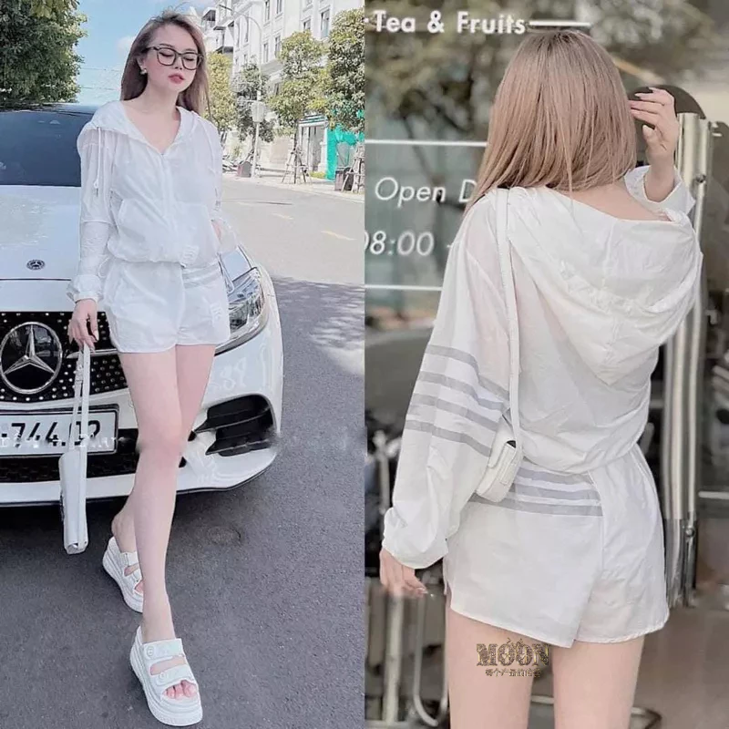 Bộ gió thể thao kháng nước nữ MOON ESSENCE vải gió phối sọc phản quang