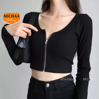 Áo Croptop Tay Dài DÂY KÉO NGỰC Nữ Thun Gân Ulzzang Kiểu Cổ Vuông Đẹp Ôm Body MICHAA CR25