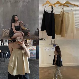 Áo 2 dây cổ vuông xếp ly phong cách basic Hàn Quốc nhiều màu vải đũi thoáng mát samsu.clothing_saigon