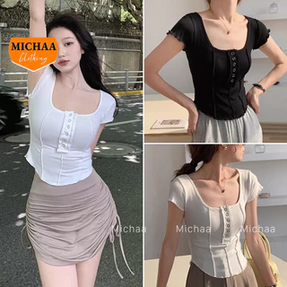 Áo Croptop Tay Ngắn CÚC BẤM SỌC Ôm Body, Áo Thun Croptop Kiểu Vạt Bầu Chất Thun Gân MICHAA CR171