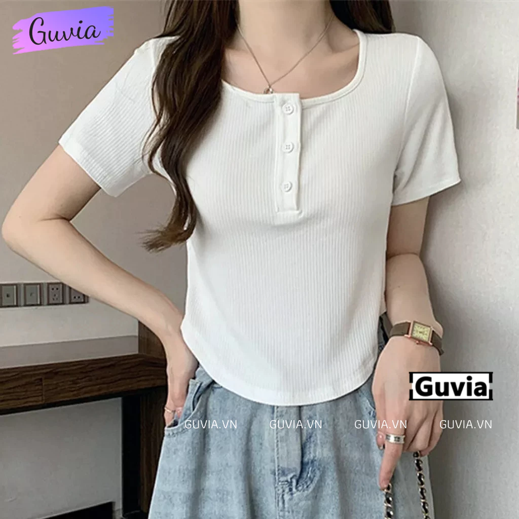 Áo Croptop Tay Ngắn CÀI NÚT Cổ Vuông Ôm Body, Áo Thun Croptop Kiểu Vạt Bầu Chất Thun Gân GUVIA CR173