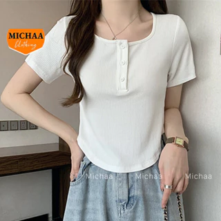 Áo Croptop Tay Ngắn CỔ VUÔNG CÀI NÚT Ôm Body, Áo Thun Croptop Kiểu Vạt Bầu Chất Thun Gân MICHAA CR173