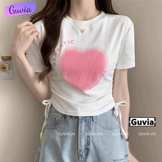 Áo Croptop ROMANTIC RÚT DÂY Tay Ngắn Cổ Tròn Ôm Body, Áo Thun Croptop Kiểu In Chất Borip GUVIA CR178