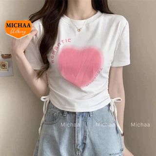 Áo Croptop ROMANTIC RÚT DÂY Tay Ngắn Ôm Body, Áo Thun Croptop Cổ Tròn Kiểu In Chất Borip MICHAA CR178