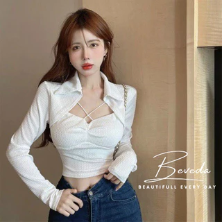 Áo kiểu nữ tay dài dáng croptop cổ bẻ chất thun xốp xịn QCCC y hình