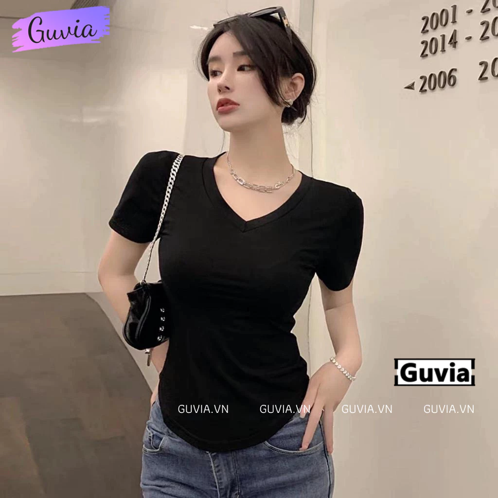 Áo Croptop Nữ Tay Ngắn CỔ TIM VẠT BẦU Ôm Body, Áo Thun Croptop Kiểu Sexy Chất Thun Gân GUVIA CR181