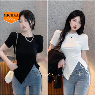 Áo Thun Nữ Tay Ngắn VẠT NHỌN PHỐI DÂY RÚT BÊN Ôm Body, Áo Thun Basic Chất Thun Gân Thời Trang MICHAA ADD32