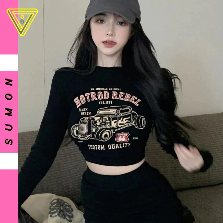 Áo Croptop ôm body Tay Dài HOTROD Nữ In Hình, Áo thun crt cổ tròn kiểu sexy in chất borip đẹp nhiều màu