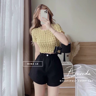 Áo Thun Kiểu Nữ Croptop Tay Ngắn Chất Thun Xốp Ô Vuông To Nổi